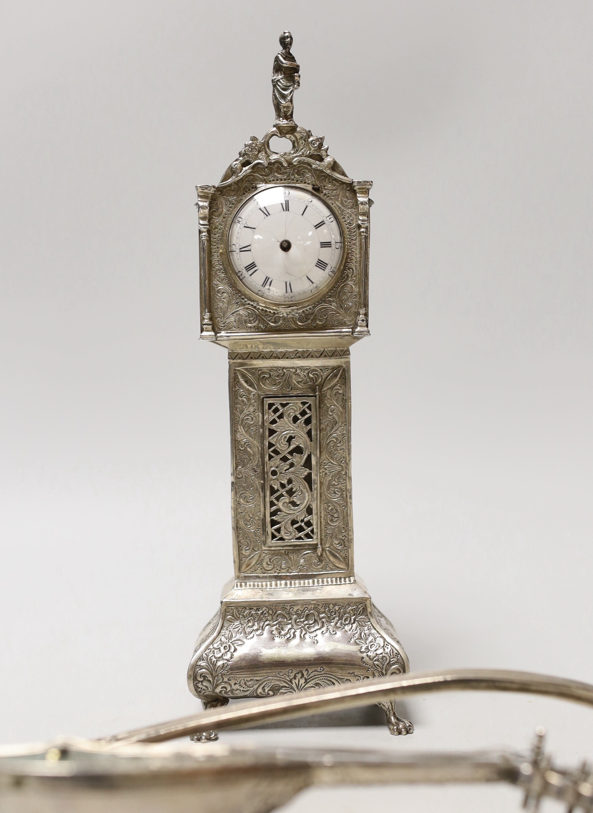 A Dutch white metal miniature longcase clock, 23.8cm, a similar model of a mandolin and a Victorian silver soup ladle by George Adams.